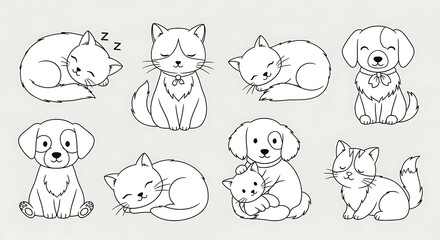 Adorable Cat and Dog Line Art Illustrations Perfect for Stickers, Prints, and More