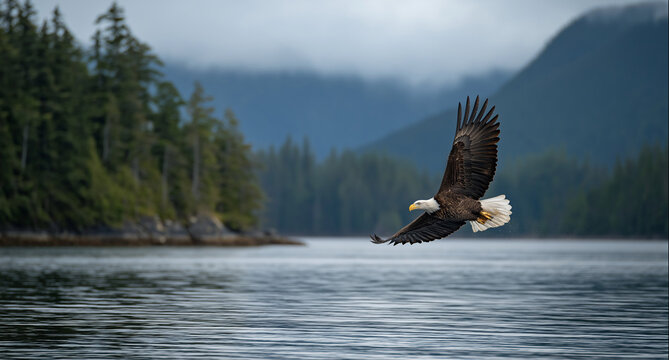 a bald eagle catching fish in the lake, with the beautiful scenery of british columbia