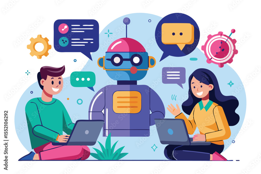 Poster collaborative interaction between two individuals and an artificial intelligence robot in a colorful