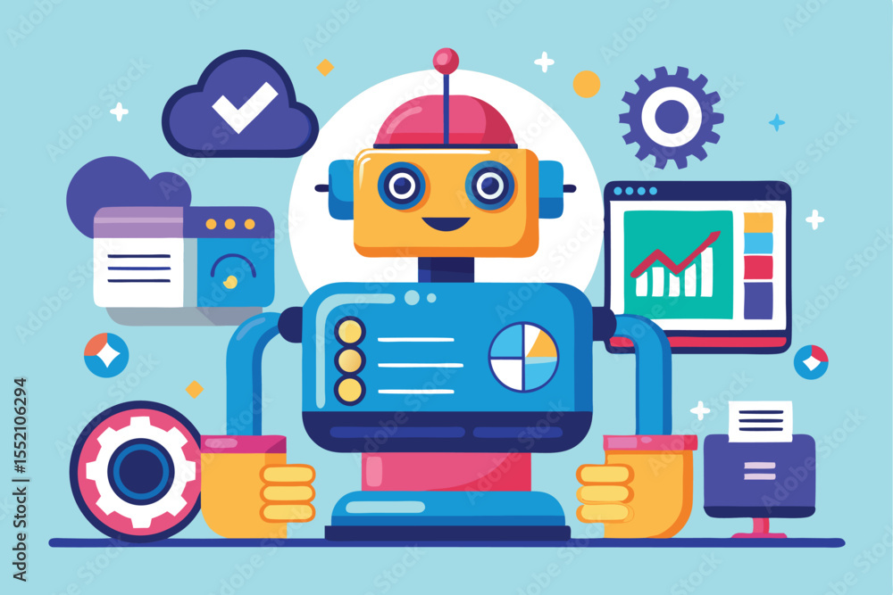 Poster flat illustration showcasing an ai robot generating digital content and visualizing data insights in