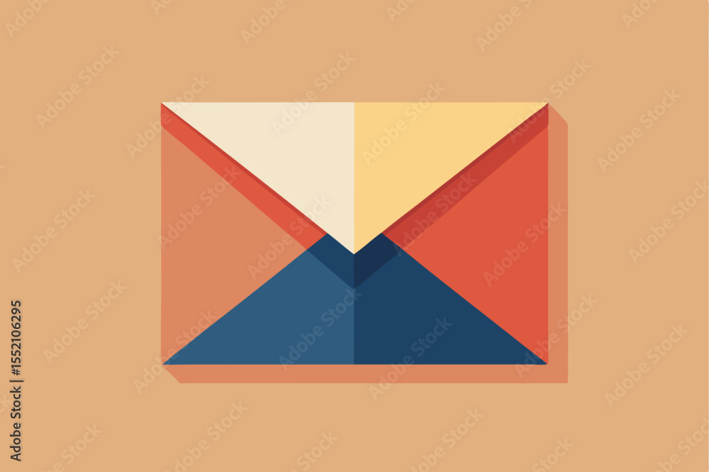 Poster flat envelope icon featuring a simple geometric design with a prominent flap in multiple colors suit