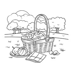 Picnic Basket Illustration with Food and Fruits – Hand Drawn Black and White Outdoor Sketch