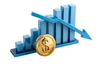 3D bar graph showing financial decline with a gold dollar coin.
