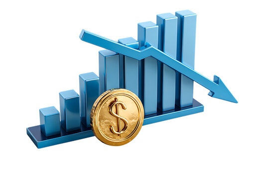 3D bar graph showing financial decline with a gold dollar coin.