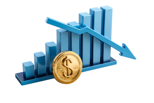 3D bar graph showing financial decline with a gold dollar coin.