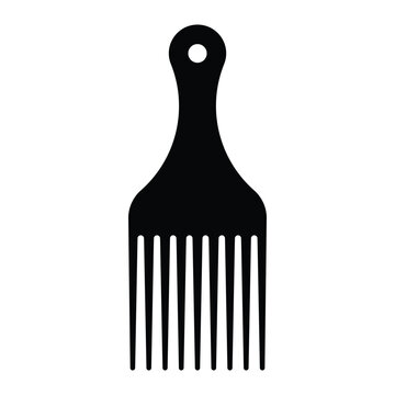 Afro pick comb vector icon. Hair styling tool for curly, coily, natural afro-textured hair care. Black silhouette of wide tooth plastic comb for grooming and detangling.