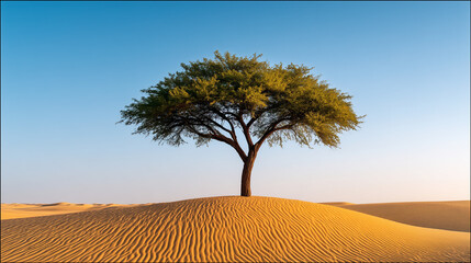 lonely tree in the desert. Solitary tree on golden sand under clear sky. Lone tree standing strong in the desert dunes.