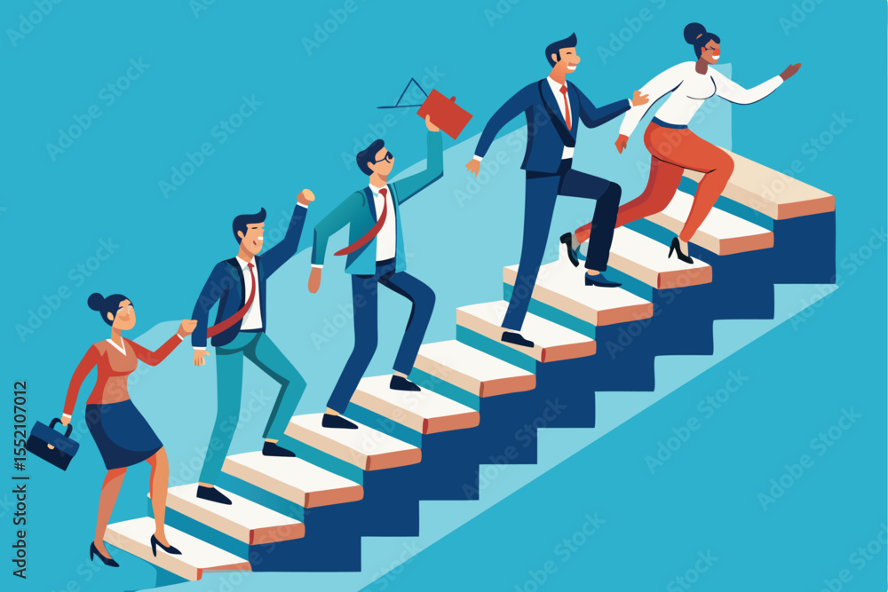 Poster business professionals navigate upward steps in dynamic teamwork during a corporate event in a moder
