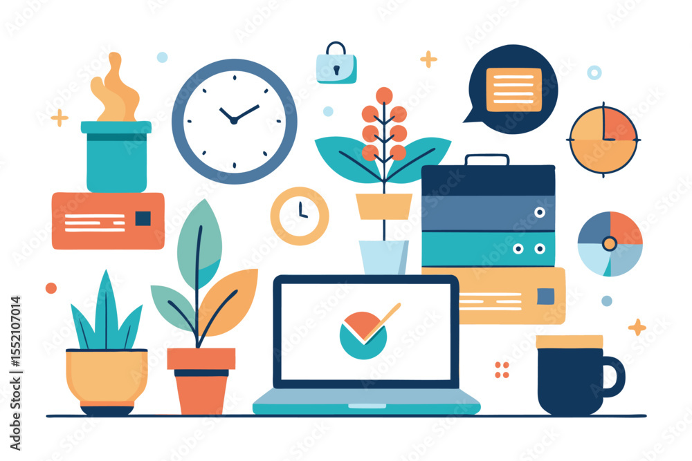 Poster minimalist flat design representation of productivity and organization featuring plants, clocks, and