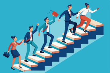 Fototapeta premium Business professionals navigate upward steps in dynamic teamwork during a corporate event in a modern office environment