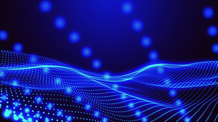 Dynamic and mesmerizing blue wave patterns of light, energy and artistic expression, evoking a sense of energy and innovation. Wide format vector illustration.