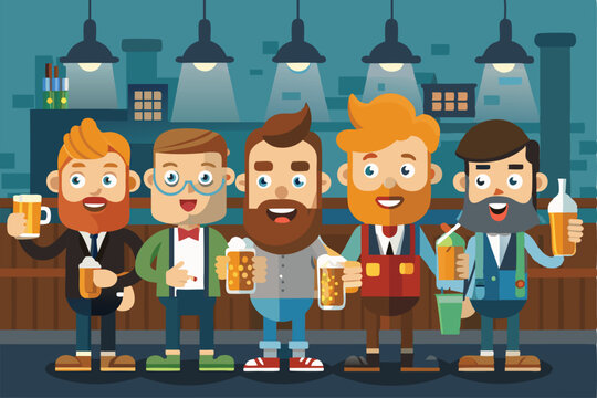 Group of friends enjoying a pub crawl with craft beers in a lively bar setting at night