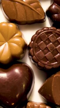 Top view of various kind of dark brown chocolate pieces on plate.