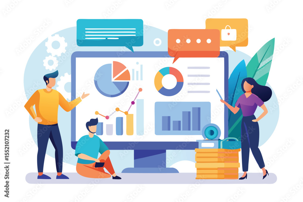 Poster team collaborates to analyze business data through visual graphs and charts in a modern office setti