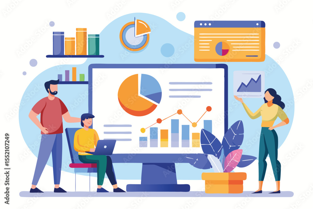 Poster team collaborates on business analysis using digital tools and data visualization in a modern office