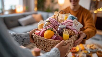 A cheerful person handing over a beautifully wrapped gift hamper filled with fruits, snacks, and tea, decorated with a large ribbon, in a cozy home setting with warm lighting and smiles all around.