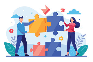 Business professionals collaborate to connect puzzle pieces symbolizing teamwork and networking in a modern office environment