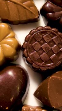 Top view of various kind of dark brown chocolate pieces on plate.