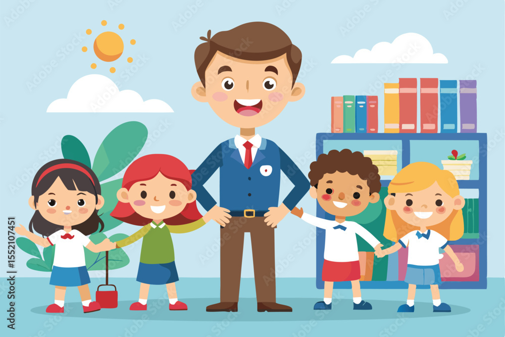 Poster smiling educator with a joyful group of children in a colorful classroom setting engaged in learning