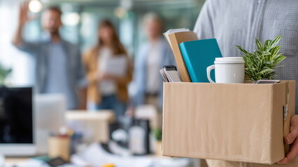 A person holding a cardboard box filled with personal items--plant, coffee mug, and folders--walking away from their office desk with colleagues in the background offering smiles and farewell waves.