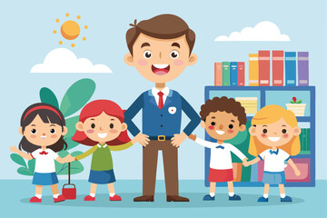 Obraz premium Smiling educator with a joyful group of children in a colorful classroom setting engaged in learning and friendship