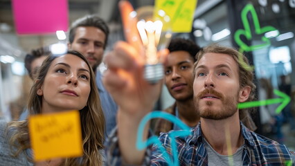 A modern office wall covered in sticky notes and sketches, with diverse team members actively discussing and pointing, light bulbs symbolizing innovative thinking.