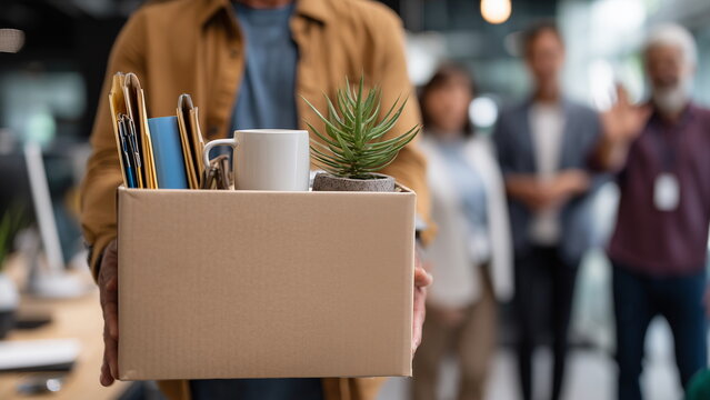 A person holding a cardboard box filled with personal items--plant, coffee mug, and folders--walking away from their office desk with colleagues in the background offering smiles and farewell waves.