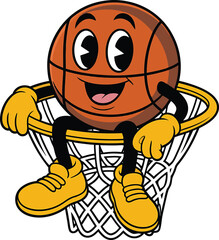 Obraz premium Cheerful basketball character sitting in a net ready for sports and fun activity