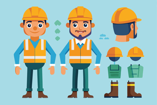 Construction worker in helmet and vest shows detailed outfit and features for safety on building sites during daylight hours