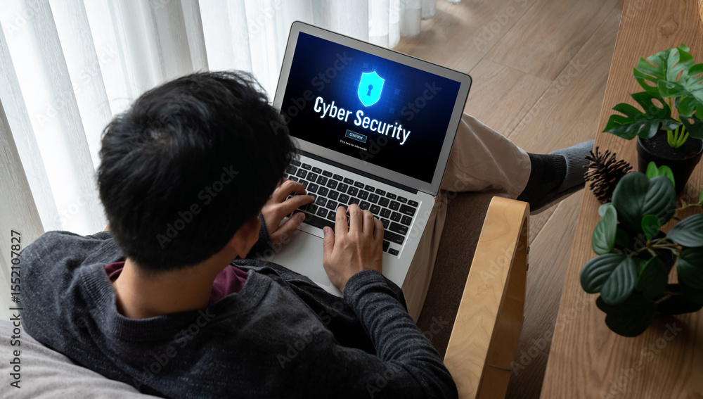 Poster cyber security system on computer screen protect private information snugly from hacker and cyber at