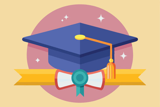 Graduation cap and diploma icon representing academic achievement in education settings with celebratory elements and vibrant colors for various uses