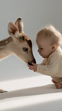 Rehkitz schnuppert an schlafendem Baby im Fotostudio. K&uuml;nstliche Intelligenz KI