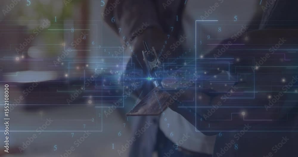 Poster man holding smartphone in office, causing network lines and digits pulsing for data analysis