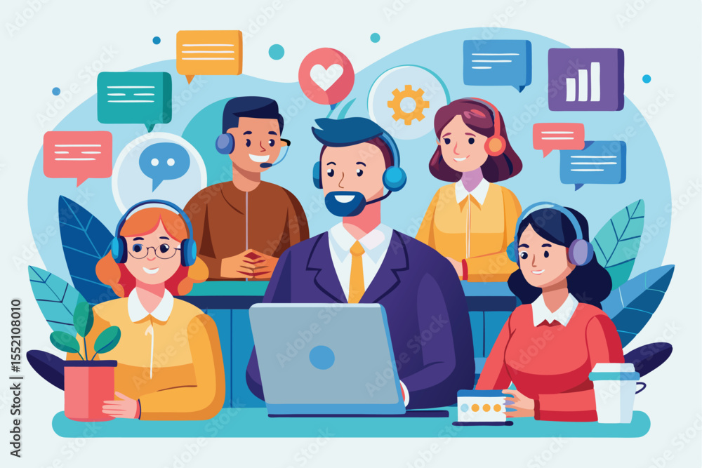 Aufkleber customer service hotline operators providing support through consultations in a vibrant office envir