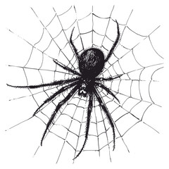 Obraz premium Realistic Spider on Web Hand Drawn Vector Illustration