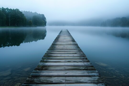 Foggy lake scene with a wooden pier stretching into calm water nature's tranquility