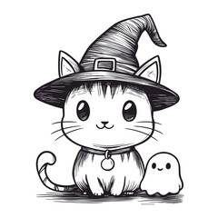 Cute Halloween Cat Wearing Witch Hat with Ghost Friend Line Art Vector