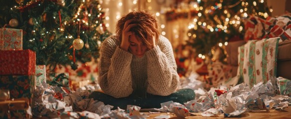 The Woman Feeling Overwhelmed Amidst Holiday Decorations and Gift Wrapping Chaos