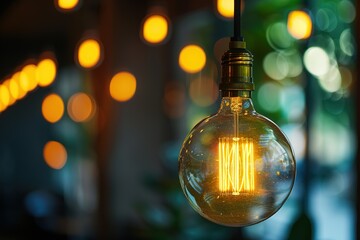 Glowing vintage lightbulb with warm filaments against a blurred background of lights