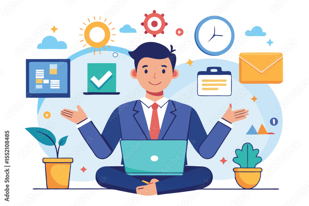 Poster happy businessman with multitasking skills working on his laptop while managing tasks in a dynamic o