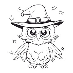 Cute Halloween Owl Wearing Witch Hat Line Art Vector Illustration