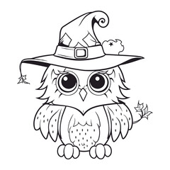 Cute Halloween Owl Wearing Witch Hat Line Art Vector Illustration