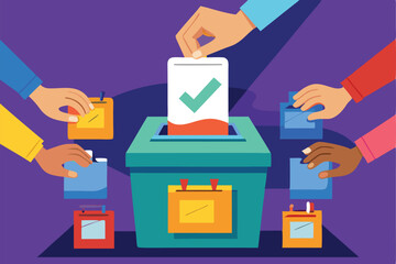 Engagement in democratic process with hands placing ballots into a colorful voting box during an election event