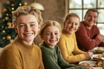 Happy multi-generational retro-style family sharing laughter and lunch at a cozy table