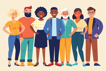 Obraz premium Diverse group of multiethnic individuals standing together, showcasing unity and friendship in a cheerful setting