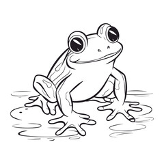 Cute Cartoon Frog Sitting in Pond Line Art Vector Illustration
