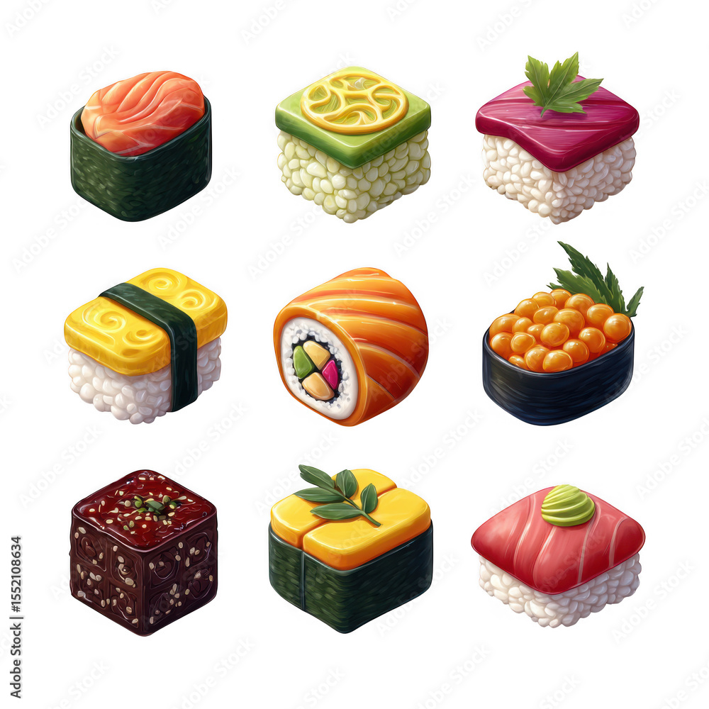 Poster nine types of sushi icons isolated on transparent background