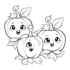 Cute Smiling Pumpkin Group Line Art for Coloring Book or Autumn Design