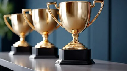 Celebrating achievements with elegant golden trophies displayed on a sleek surface against a rich blue backdrop