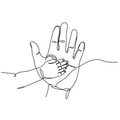 One line drawing of a big and small hand overlapping. Symbol of family, protection and parental love.

